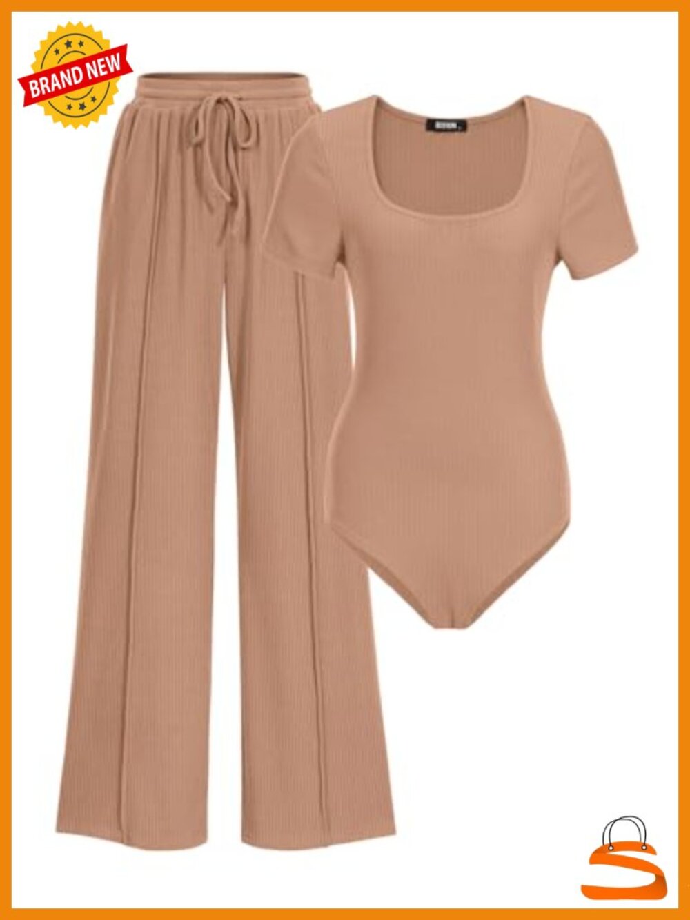 Square Neck Short Sleeve 2 Piece Matching Set Bodysuit & Wide Leg Pants Ribbed